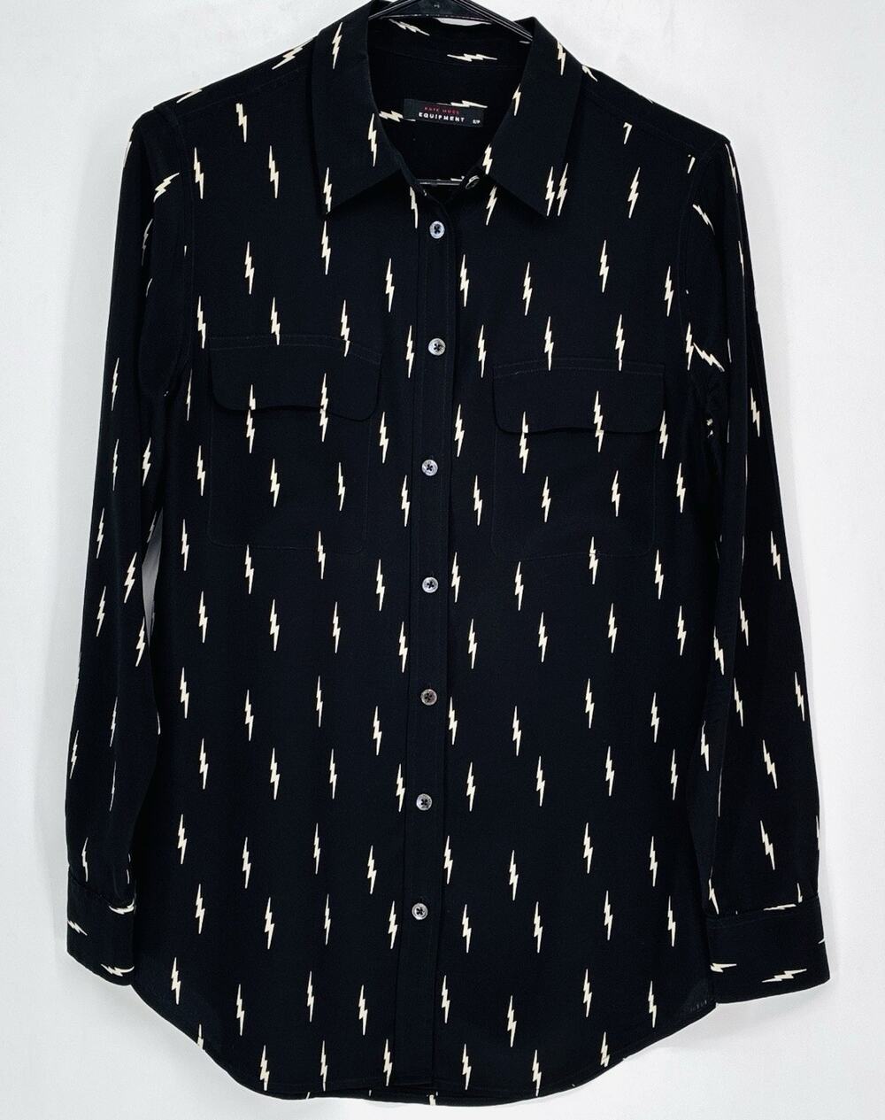 Equipment X Kate Moss Signature Silk Blouse S Black Lightening Bolt Print Shirt - Picture 1 of 7